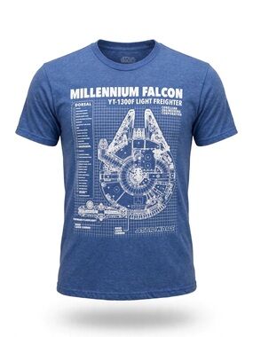 Star Wars Millennium Falcon Blueprint tee in heather royal blue.